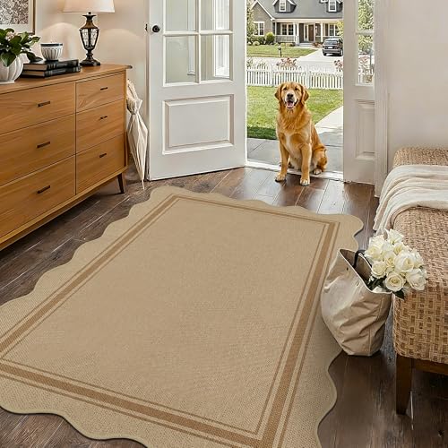 Image of Easy Jute 3x5 Outdoor Rug Washable Non Slip Rug for Entryway Indoor Outdoor Farmhouse Neutral Scalloped Carpet for Backyard Patio Proch Living Room