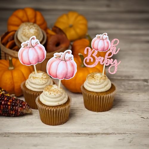Ephlyn EPH-2022-062-37-P 24Pcs Oh Baby Pumpkin Cupcake Toppers Girl Baby Shower Decorations Pumpkin Birthday Decorations Cupcake Picks Pumpkin Gender Reveal Cupcake Toppers Pink thumb #6
