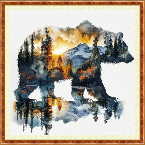 Image of Joyhoor Stamped Cross Stitch Kits for Beginners Needlepoint Kits for Adults Embroidery Kits 11CT Counted Cross Stitch Kits Printed Embroidery Pattern- Abstract Forest Bear 18x18 inch