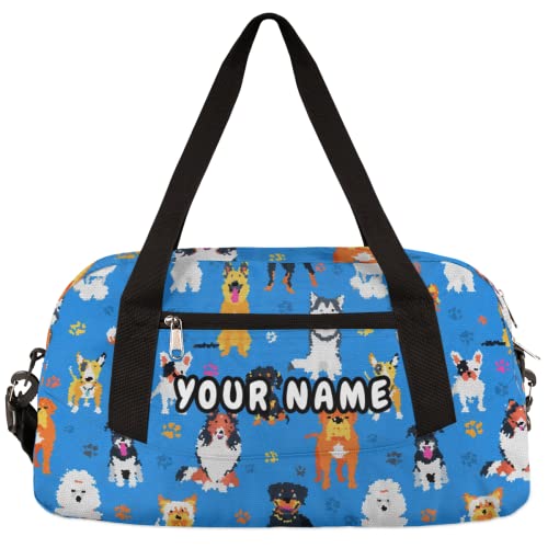 Cute Cartoon Dog Personalized Kids Duffel Bag for Girls Boys, Dog Debris Custom Name Dance Bag Overnight Small Duffel Bag Carry On Weekend Sports Travel Bag for School Practice Gymnastics Ballet