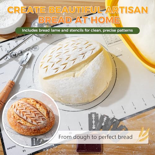 Image of Sourdough Starter Kit for Beginners, 34 oz Starter Jar with Scale Marking, 2 Silicone Proofing Baskets, Complete Bread Baking Kit with Guide & Recipes, Easy to Use & Clean - Yellow