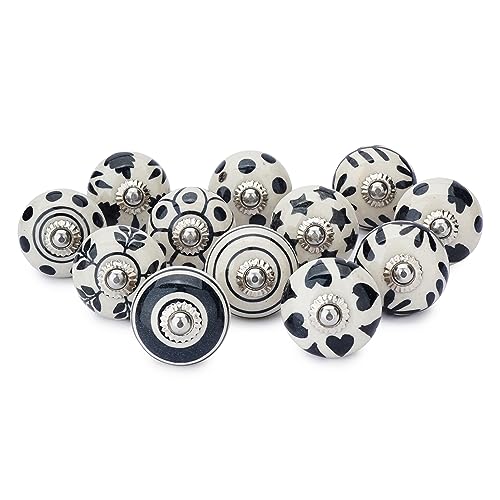 Ajuny Juego de 12 Pomos de Cerámica en Blanco y Negro de Pintados a mano Diseño Floral para Armarios de Cocina Armarios de Baño Cajones Cómodas Tiradores de Cerámica pomos Decorativos