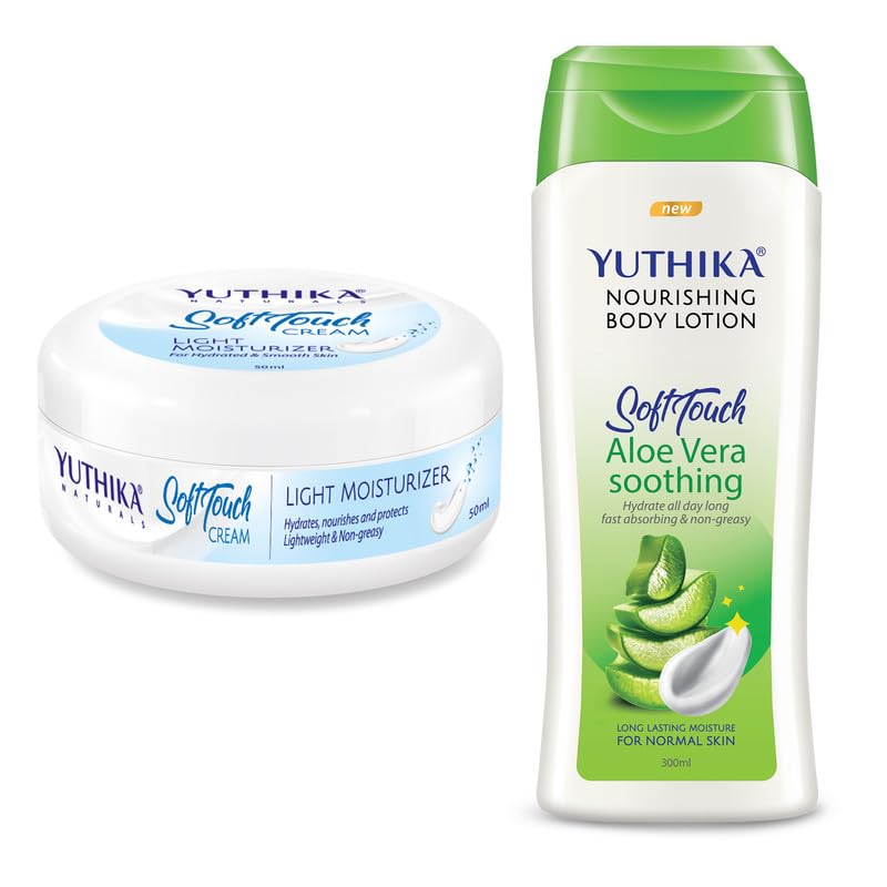 Image of Yuthika Aloe Vera Body Lotion 300ml with Moisturizer Cream 50ml, Nourishing Body Lotion and Winter Cream for Face, Hand, Body, Dry Skin, Instant Hydration, Non Greasy Formula