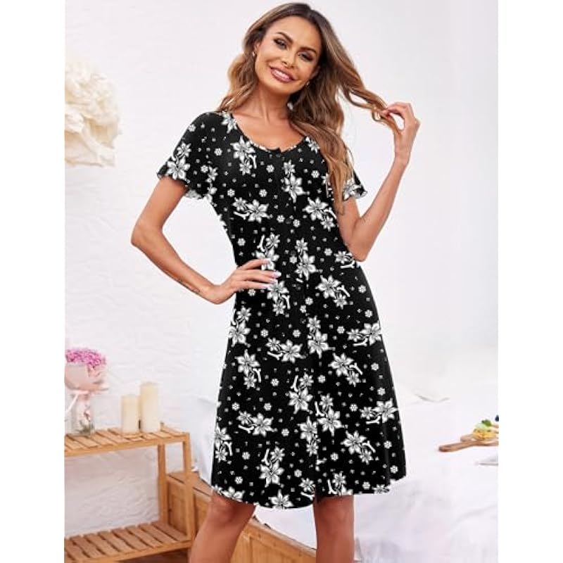 Ekouaer Womens Nightshirt Short Sleeve Button Down Nightgown V-Neck Sleepwear Pajama Dress 상세이미지 3