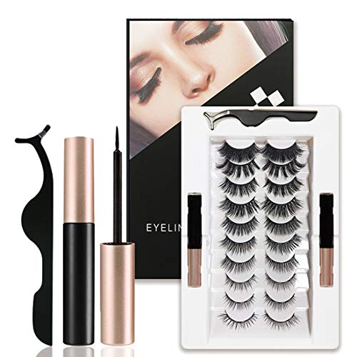 10 pairs Mixed Magnetic False Eyelashes and Eyeliner Set,Reusable Magnetic Eyelashes & 2 Tubes of Magnetic Eyeliner, With Natural Look-No Glue Need