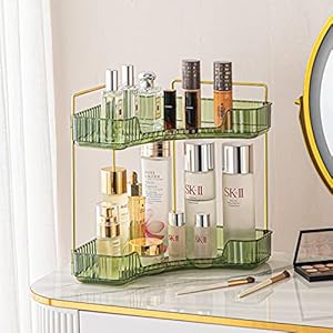 Shuang Qing 2-Tier Corner Bathroom Counter Organizer, Bathroom Countertop Perfume Tray and Vanity Organizer, Makeup Cosmetic Storage, Corner Storage Organizers for Bathroom, Kitchen, Dresser (Green)
