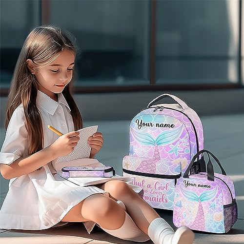 Personalized Mermaid Backpack with Lunch Box Set for Girls, 3 in 1 School Backpacks Matching Combo, Cartoon Pink Bookbag and Pencil Case Bundle2