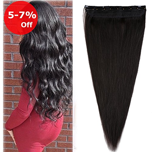 Clip in Human Hair Extension 1 piece 5 Clips 3/4 Full Head Real Remy Hair Natural Soft Easy to wear 16’’Long /45g Off Black #1B