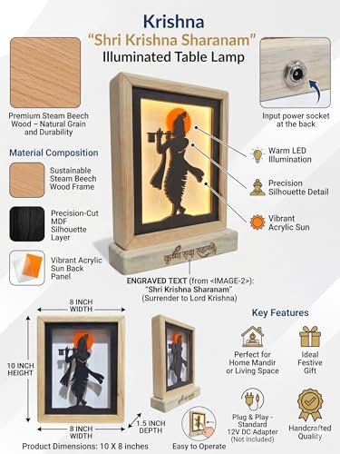 Image of Divine Shiva Backlit Table Lamp, Soothing Warm Backlight for Meditation, Durable MDF and Acrylic Construction, Includes Power Adapter, Natural, 8.25 inch (Sqr Krishna)