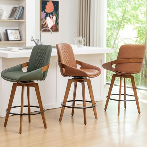 Image of Bar Stools Set of 3, 29.5 Inch Mid Century Modern Retro Swivel Bar Stools, Furniture with Curved Back, Faux Leather Upholstered and Walnut Wood Frame for Bar /Pub /Island (Brown, 29.5 inch-3 PCS)