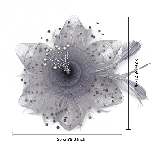Wheebo Fascinator Hat Flower Feather Mesh Net Veil Party Wedding Headband for Women Girls (A-Gray)