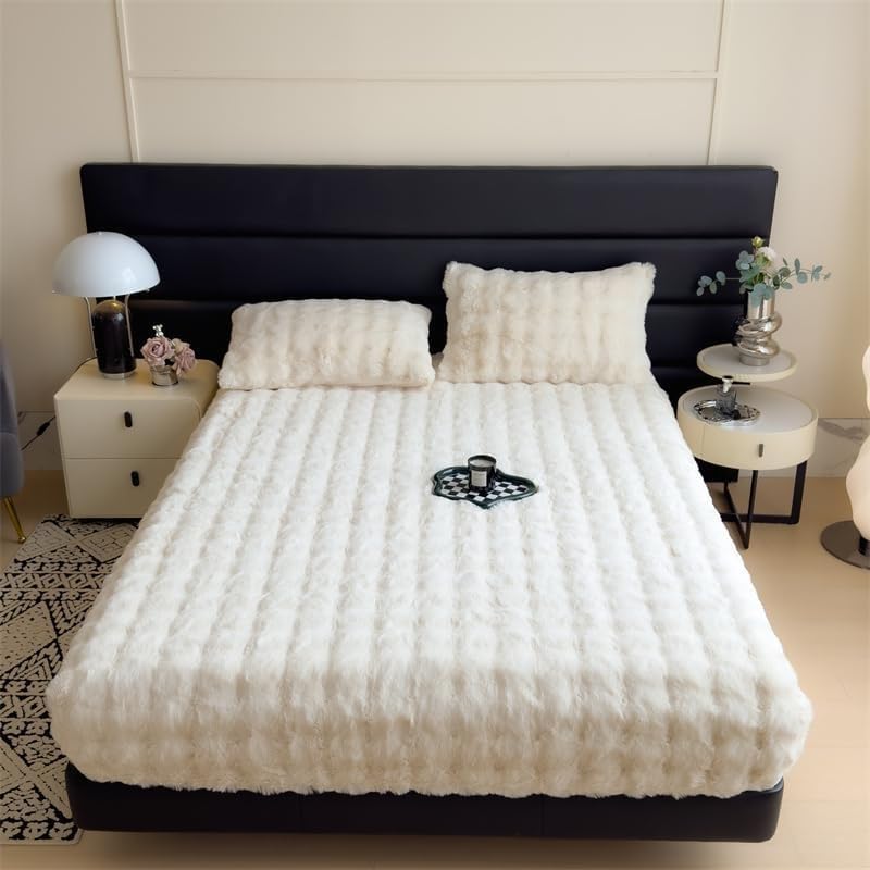 Milk Velvet Bedding Fitted Sheet Mattress Cover, Luxury Soft Fuzzy Bottom Sheet Velvet Fitted Faux Fur Bottom, Flannel Warm Tie Dyed Mattress Cover(White,Twin XL 47"x79")