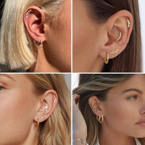 FIBO STEEL 8 PCS 16G Cartilage Earrings Helix Piercing Jewelry for Women Stainless Steel Opal CZ Conch Daith Tragus Piercing Jewelry Flower Snake Leaf Screw Back Stud Earrings Set3
