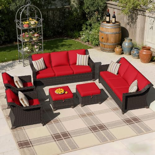 Image of 6 Piece Patio Furniture Set, Wicker Outdoor Conversation Set | Patio Chair Set with Olefin Removable Cushion, All-Weather Outdoor Couch with Deep Seat for Porch, Deck and Backyard, Red