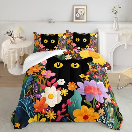 QOOMO Juego de edredón de 3 piezas tamaño matrimonial, juego de ropa de cama de gato negro para adolescentes, niños y niñas, edredón estampado floral con 2 fundas de almohada, alternativa de plumón