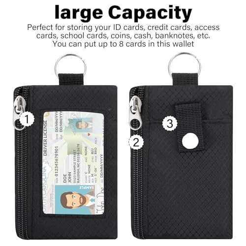 minimalist small wallet for men women with 2 zip pockets multi functional id case with keychain and card holder coin purse badge lanyard pouch for boys girls travel -black