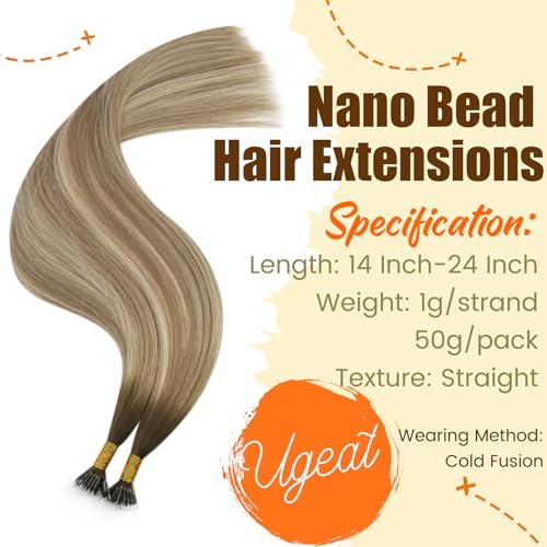 Ugeat Ombre Nano Bead Hair Extensions Human Hair Dark Brown Fading to Light Brown Mix Medium Blonde Nano Link Extensions Balayage Straight 14inch 50G 50S #3/8/22 - Image 3