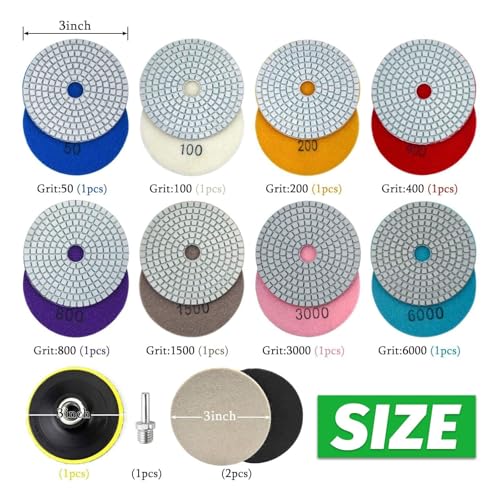 Image of 3 Inch Diamond Polishing Pads with M14 Backer Pad, 12PCS Wet /Dry Granite Stone Polish Pad Kit for Drill, Grinder, Polisher, 50-6000 Grit Diamond Sanding Pad for Concrete Marble Rock