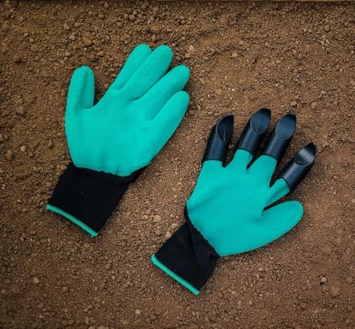 Image of MAHIRA 1 Pair Garden Farming Gloves, Washable, with Right Hand Fingertips ABS Claws for Digging and Gardening (Free Size, Light Sea Green)