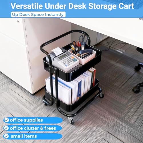 Image of 2 Tier Rolling Utility Cart with Wheels All-Metal Short Pantry Cart Under Desk Storage Trolley with Handle, Small Rolling Storage Shelf for Small Space Kitchen Laundry Room Bathroom, Black