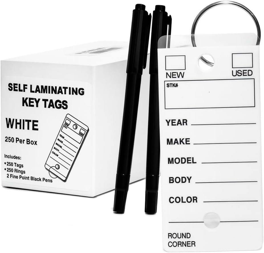 Self Laminating Key Tags for Car, Truck, RV Dealership or Shop. 250 Self Protecting White Car Key Tags with Chrome Rings and 2 Fine Point Pens.