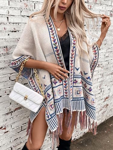 Women's Boho Open Front Poncho Casual Loose Knitted Shawl Wraps Cape Tassel Aztec Cardigan Sweater for Fall Winter2