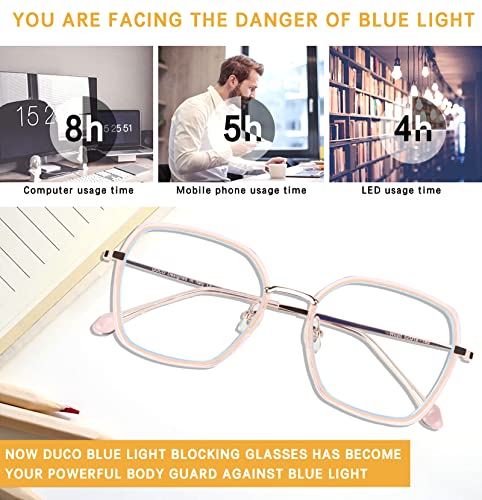 Image of DUCO Retro Square Blue Light Glasses for Women Oversized Blue Ray Blocking Glasses Computer Glasses Teens Fashion Eyeglasses Pink W020