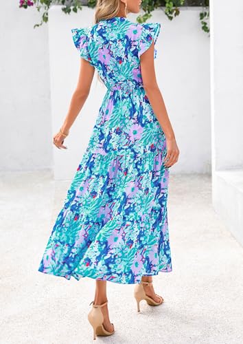 Image of PRETTYGARDEN Women's 2026 Summer Floral Midi Dress Cap Sleeve V Neck Ruffle Long Flowy Boho Casual Beach Vacation Dresses