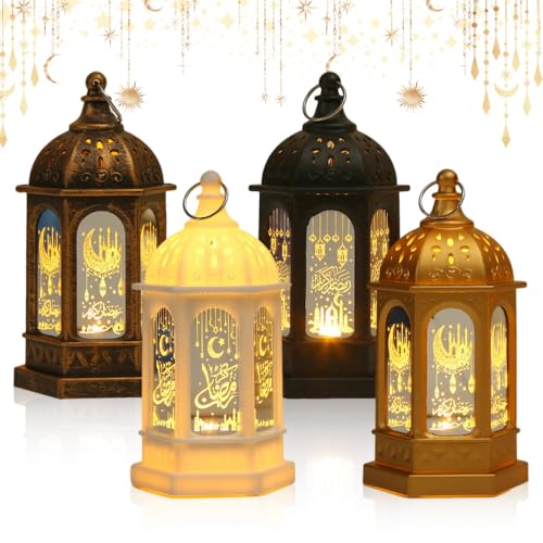 Ramadan Lantern Decoration 4PCS LED Eid Mubarak Lamp Ramadan Candle Lantern Ramadan Lantern Lights Ramadan Lamp for Home Living Room Parties Events Tabletop Decor (Gold Black White Copper)