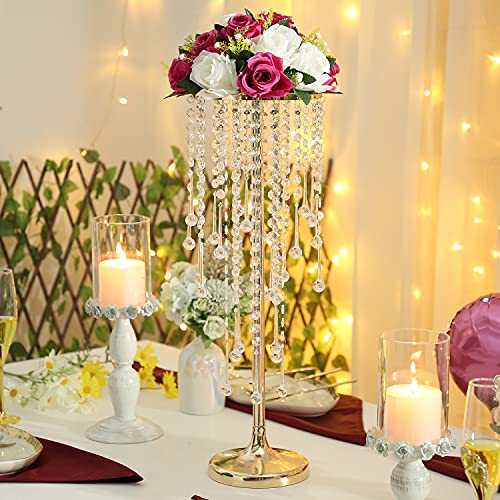 Wedding Centerpieces Stands for Tables Gold Tall Metal Flower Candle Holder Stand with Crystals Set of 2 Event Lead Road Candleholders for Wedding Party Dinner Table Decor (Gold/21.6”) - Image 2