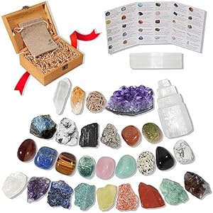 30 PCS Crystals and Stones Set – Natural Raw Healing Crystals & Tumbled Chakra Stones, Premium Protection Crystals Gift Kit Display in Wooden Box + Info Guide
