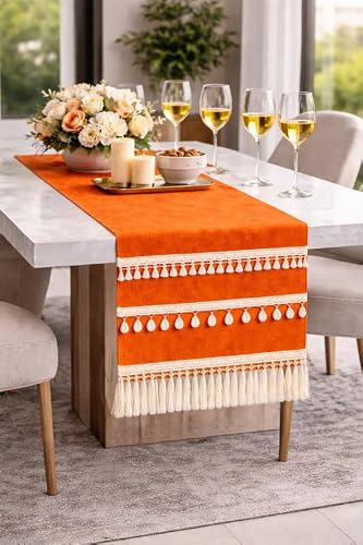 WWW.THROWPILLOW.IN Orange Table Runner with Tassels & Kowri 13x108 Inch |Fits 8 Feet TV Unit Cabinet, Center Table, Coffee Table, Dining Table, Entry Console|Living Room Diwali Decor