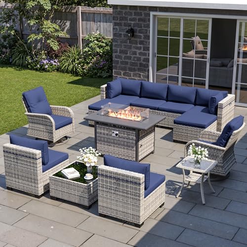Image of 13-Piece Patio Furniture Set, Outdoor Patio Furniture with Swivel Chairs Set, Ottomans, 55,000 BTU Fire Pit Table, Modular Patio Sofa, Dual-Strand Wicker Rattan, Rust-Resistant Frame, Navy Blue