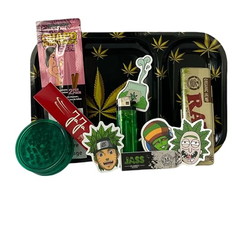 Plateau à Rouler Noir 24 x 15 cm + Grinder + Etui Feuilles Slim + Feuilles Slim + Tips + Briquet + Pochette + 4X Stickers - Cadeau pour Les Fumeurs - Boite Fumeur