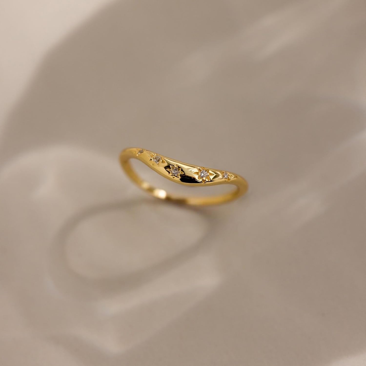 CAITLYNMINIMALIST 18K Gold Plated Sterling Silver CZ Diamond Curved Wavy Stackable Promise Ring for Women | Trendy Jewelry