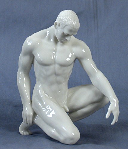 6.5" White Porcelain Squatting Nude Male Figurine, Glazed #TOP1