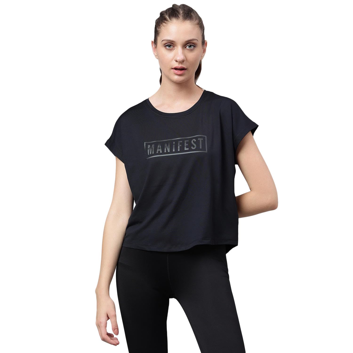 mkh Tees for Women | Polyester Dry Fit Textured Tshirts | Gym Wear Workout Tops with Quick Drying Technology - Black | Manifest BURDING-picture-13