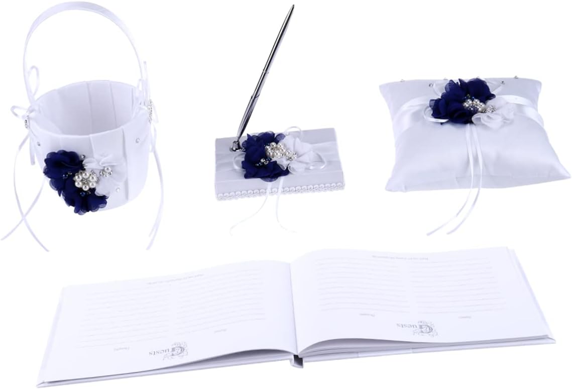 Ciieeo 4pcs Wedding Ring Pillow Set 20x20cm White Basket Flower Girl Basket for Bride Ring Pillow and Flower Set