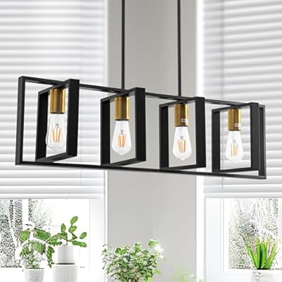 DORESshop 33.7'' Kitchen Island Lighting, 4-Lights Dining Room Light Fixtures, Farmhouse Pendant Lights for Kitchen, Adjustable Farmhouse Chandelier with Black Wood and Black Metal