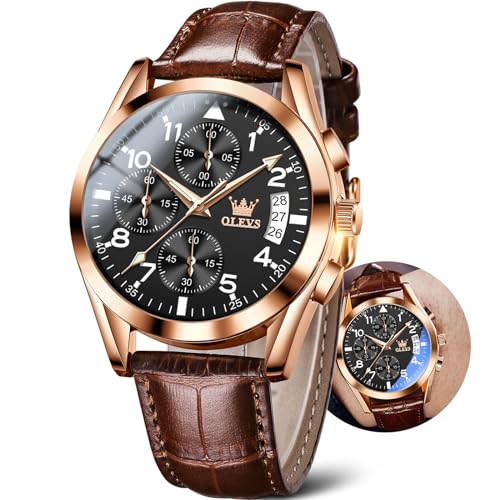 Image of OLEVS Mens Leather Watch Dress Casual Quartz Brown Wrist Watch Date