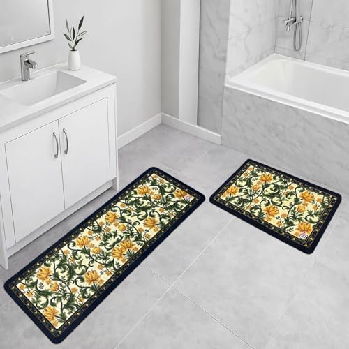 Image of Luxe Home Kitchen Mat Combo Floral Design Standing Desk Floor Mat Non Slip Kitchen Rugs, Comfort Runner Floor for Home Office, Sink & Laundry - Yellow (116x36 & 58x36 cm PC-2)