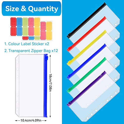 A6 Binder Taschen, 12 Stück Geldumschläge Wasserdicht, 6 Löcher Budget Planner Zubehör, Durchsichtige Geld Umschläge mit Zipper, für Cash Stuffing, Geld, Kleine Unterlagen