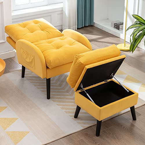 Ttgieet Accent Recliner Chair With Ottoman With Storage, Modern Velvet Armchair With Adjustable Backrest And Side Pocket, Single Sofa Chair Lounge Chair For Living Room, Bedroom, Office (Yellow) #TOP3