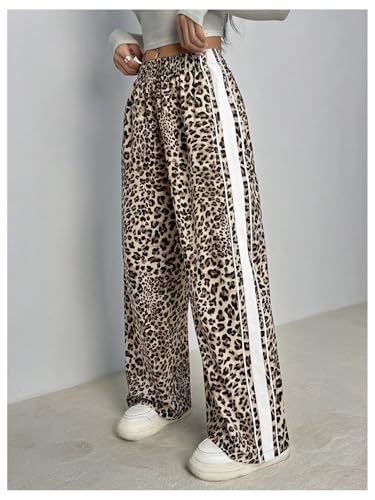 GORGLITTER Women's Leopard Print Pants Striped Wide Leg Color Block Cheetah Print Baggy Track Pants Bottoms2