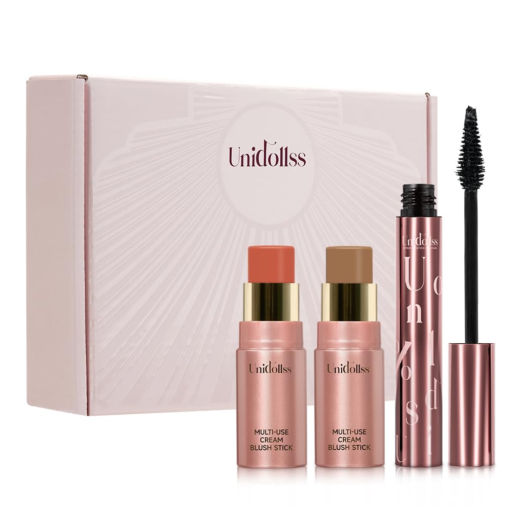 3 Pcs Unidollss Tubing Mascara and Blush Stick Set, Volume and Length Black Mascara Lengthening Long Lasting All Day, Washable Voluminous Tubing with a Random Accessory Included(03,05)