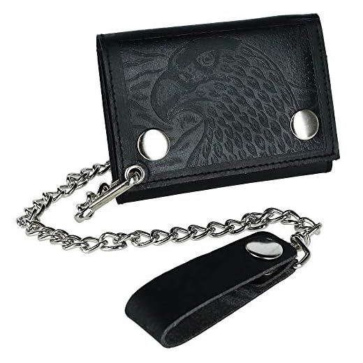 CTM Carteira masculina de couro com estampa de águia e corrente tripla, Preto, One Size