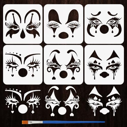 FINGERINSPIRE 6 Styles Clown Eyes Pattern Stencils with a Brush 7.9x7.9Inch Clown Mask Painting Stencils PET Character Themes Template for Painting on Wood Floor Tile Wall Stage Theater Haunted House