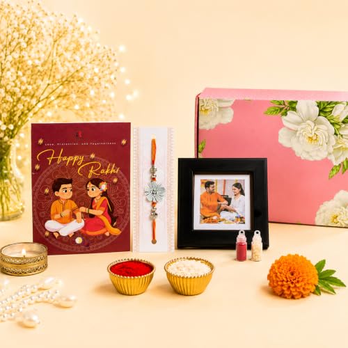 Image of Art Street Rakhi Gift Combo with Magnetic Photo Frame, Designer Rakhi, Roli Chawal, Greeting Card & Diya | Raksha Bandhan Gift Hamper for Brother | Photo Frame Rakhi Combo