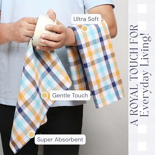 Image of Check Dish Towels 4 Pack, 18 inchx26 inch, Absorbent Hand Towels for Kitchen Use, Quick Dry Cloths, Durable Washable Rags, Reusable Dishcloth Set - Indigo Blue, Mustard Yellow, Aqua Blue