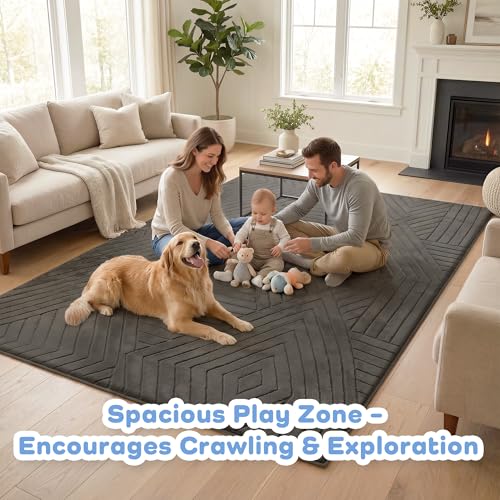 Image of Baby Play Mat for Floor 1.3 inch Thick Foam Padded Area Rug 79x 118(Dark Grey) | Ultra Soft Kids Rug for Living Room Bedroom, Non-Slip Nursery Crawling Mat for Toddlers